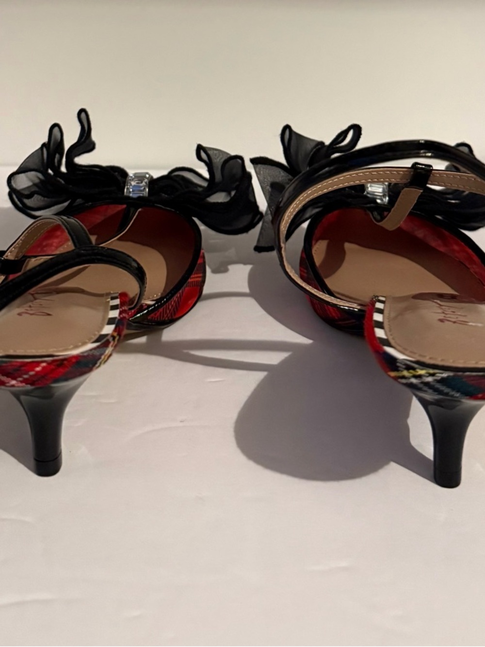 Betsey Johnson Red Tartan Pointed T-Strap Heels with Black Ruffle - Picture 3 of 8